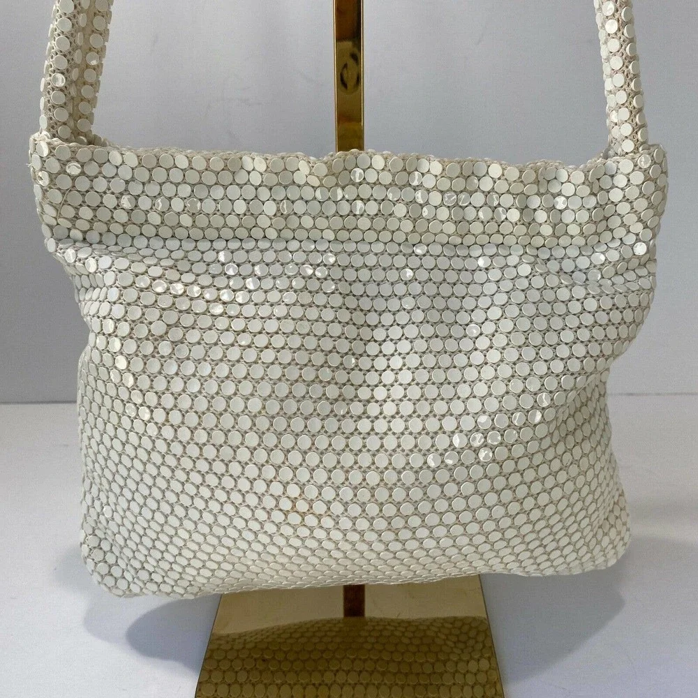 Vintage Handmade White Sequin Mesh Shoulder Bag Purse Hinged Opening